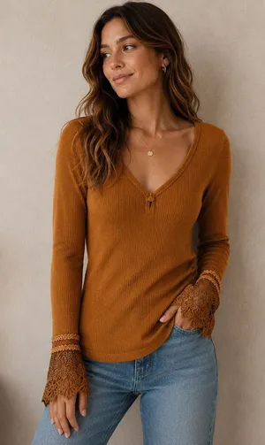Free People Vintage Crafty Cuff Thermal Top Yellow Gold Rust Lace Cuffs‎ thumbnail 1
