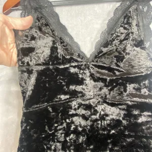 Free People Black Velvet Tank Top mini dress Small Babydoll Lace Romantic Whimsy thumbnail 4
