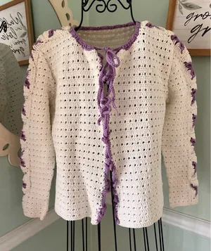 Handmade Crochet Cardigan Womens Medium Cream Purple‎ Bows Tie Front Long Slv thumbnail 1