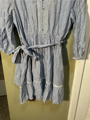 Zara Women's Size Large Mini Shirt Dress Blue White Stripes Crochet Belted Linen thumbnail 6