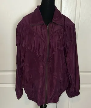 Vtg Silk Dark Purple Fringe Windbreaker Zip Up Jacket thumbnail 1
