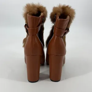 Fur Cuff‎ Pointed Toe Heeled Ankle Boots Womens EU 41 Brown Buckle Faux Leather thumbnail 3