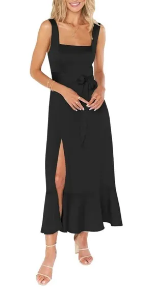 SHOW ME YOUR MUMU Women’s Black Satin Midi Slit Dress Small thumbnail 1