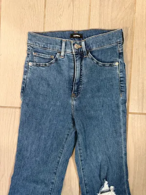 Express Blue High-Rise Flare Jeans with Distressed Knee thumbnail 4