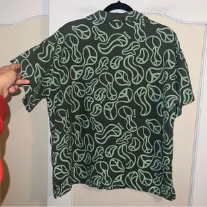 Huf Worldwide Groovy 1/4 Zip Linen Blend Polo Shirt Logo All Over Peace Signs thumbnail 2