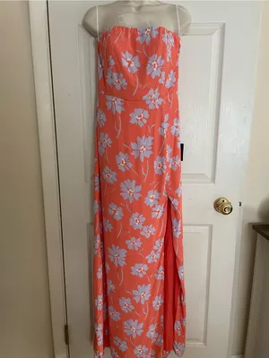 Lulu's Coral Floral Strapless Maxi Dress with Side Slit thumbnail 3