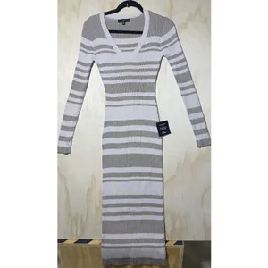NWT $65 Lulus Casual Aura Beige‎ Striped Knit Long Sleeve Midi Dress Womens XL thumbnail 2