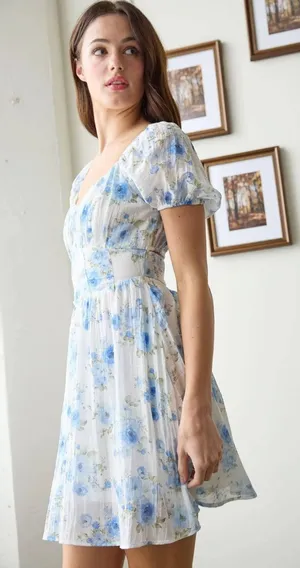 Blu Pepper Blue Floral Puff Sleeve Cutout Back Mini Dress Size Small thumbnail 1