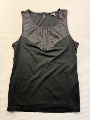 Ann Taylor Black Sleeveless‎ Tank Top Embroidered Satin Yoke Keyhole Back Small thumbnail 1