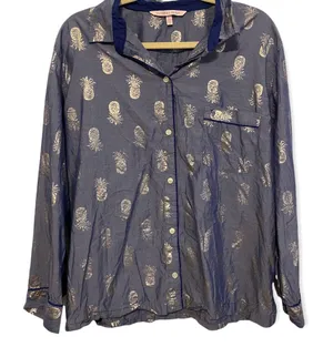 Victoria’s Secret Blue and Gold Pineapple Collared Button Down Pajama Top thumbnail 1