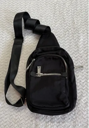 TopShop Black Nylon Sling Bag Crossbody Backpack Adjustable Silver Hardware thumbnail 1