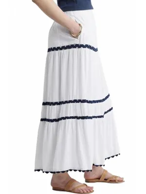Caslon Rickrack Trim Linen Blend Tiered Maxi Skirt NWT White Navy Large thumbnail 3