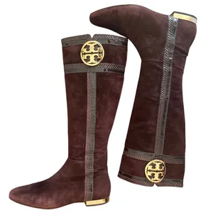 Tory Burch Brown Suede Riding Boots Snakeskin Gold Logo Knee High Sz 8 thumbnail 5