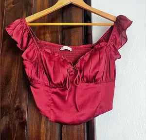 Altar'd State Burgundy Ruffled Crop Top thumbnail 1