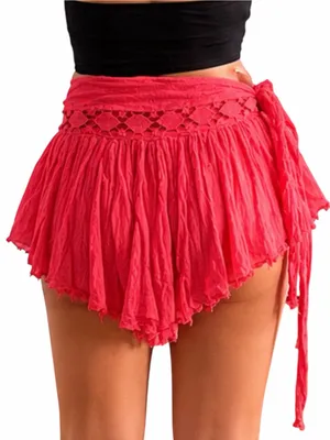 Free People One Coral Boho Wrap Skort Crochet Lace Side Tie Festival Shorts L thumbnail 2