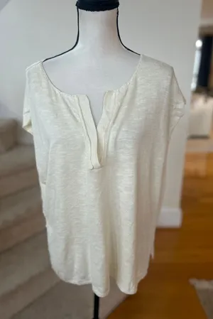 Free People Beach Cream Boxy Loose Coastal Vacation Relaxed Short Sleeve Shirt thumbnail 1