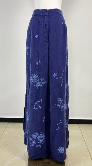 NWOT Johnny Was Wide Leg Embroidered Floral Pants Size L Blue Elastic waist thumbnail 7