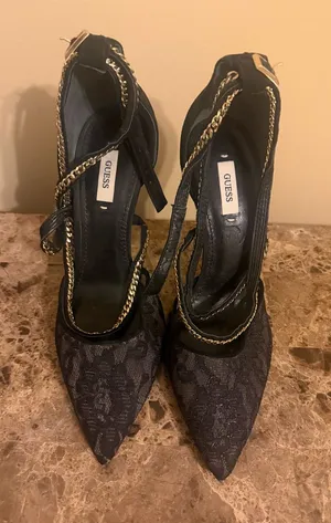 GUESS Black Lace Pointed Toe crisscross gold Chain-Ankle Heels thumbnail 1