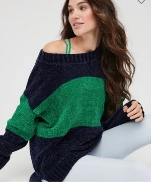 Offline by aerie Large Colorblock Crewneck Chenille Sweater Chunky Knit thumbnail 1