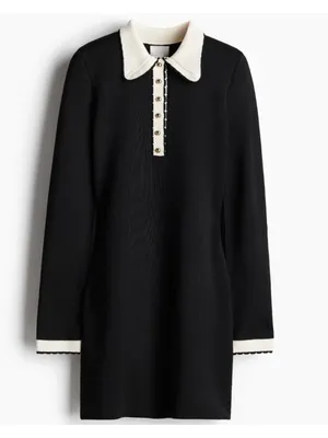 H&M Knitted Collared Dress Black White Long Sleeve Size M 60s Mod Parisian Chic thumbnail 2