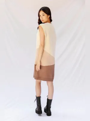 Miss Sparkling Sunset Cream Beige Brown Colorblock V Neck Knit Sweater Mini Dres thumbnail 5