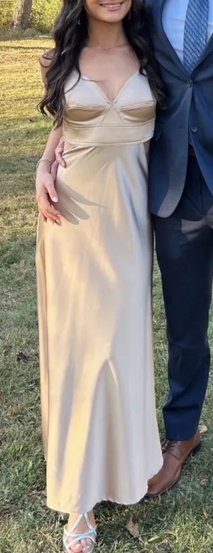 Gold Satin Formal Maxi Dress Open Back thumbnail 1