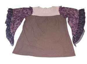 Waffle Knit Tunic L Mauve Brown Floral Bell Sleeve Boho Romantic Lagenlook thumbnail 1