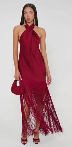 Show Me Your Mumu Jasmine Fringe Maxi Dress size Large L Cranberry Luxe Satin thumbnail 1