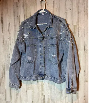 Womens‎ Denim Distressed Jacket Casual star Embellished XL thumbnail 1