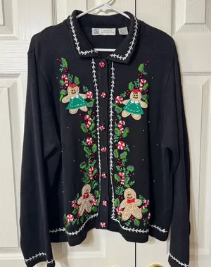 VTG Studio Collection Black Gingerbread Woman Christmas Embroidered Sweater XL‎ thumbnail 1