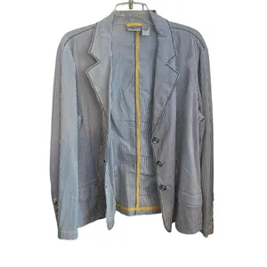 Chico's Seersucker Striped gray white yellow Yachtie Blazer coastal classic thumbnail 4