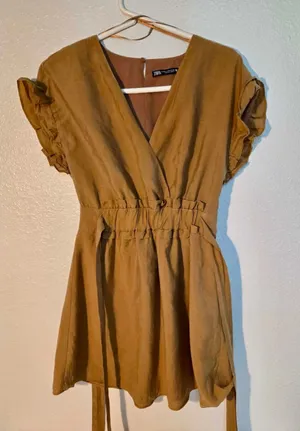Zara Ruffle Cap Sleeve Deep V Tie Waist Keyhole Back Mini Dress Camel Brown XS W thumbnail 1