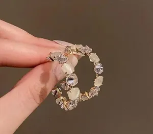 Big Opal Rhinestone C-Shaped Hoop Earrings for Women, Minimalist Wedding Party thumbnail 2