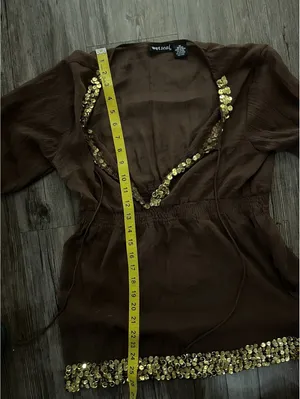 Y2K Wet Seal Brown Long Sleeve 100% Silk Sequin Blouse Top M thumbnail 8