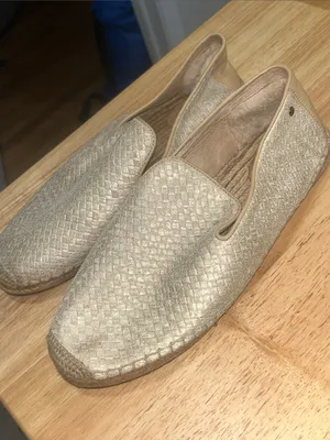 Ugg Womens Sandrinne Metallic Champagne Gold Woven Leather Espadrille Shoes sz12 thumbnail 1