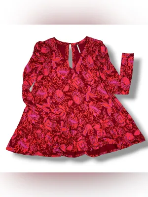 Free People Hello Lover Floral Ruched Puff Shoulder Tunic Mini Dress Red Small‎ thumbnail 13