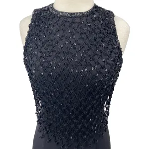 Vintage 90s Column Maxi Dress Sequin Fishnet Crochet Overlay Black NEW Womens S thumbnail 3