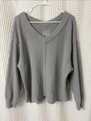 Aerie Wonder Textured Ribbed V-Neck Sweatshirt in Silver Shadow Small thumbnail 1