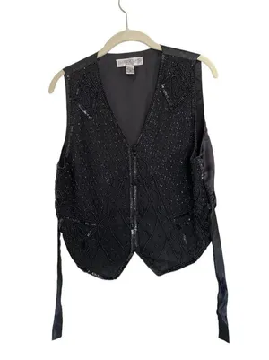 Vintage Silk Beaded Sequin Waistcoat Vest Black thumbnail 7