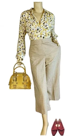 Loft Tan & Black Cropped Wide Leg Plaid Trousers (10) thumbnail 1