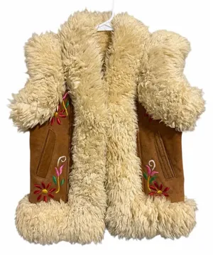 Handmade Vintage Mongolian‎ Fur Boho Suede Floral Embroidered Vest thumbnail 1