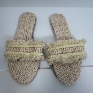 Woven Straw Slide Sandals Beige Fringe Pom Pom Trim‎ Flat Beach Size 10 thumbnail 3