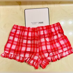PINK VICTORIA’S SECRET Flannel Pajama Shorts Red Pink Silver Plaid Ruffle L thumbnail 9