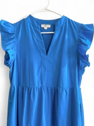 Entro Bright Teal Blue Tiered Ruffle Sleeve Dress Sz S thumbnail 2