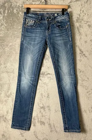 Miss Me Jeans Skinny Embellished Distressed Medium Wash Denim Buckle Y2K Size 27 thumbnail 1