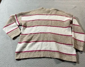 American Eagle Outfitters Tan White Pink Striped Waffle Knit Crewneck Sweater XS thumbnail 5