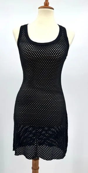 BCBGMaxAzria Etania Mesh Tank Dress Black Raw Hem Mini Bodycon Cover up Beachy S thumbnail 1