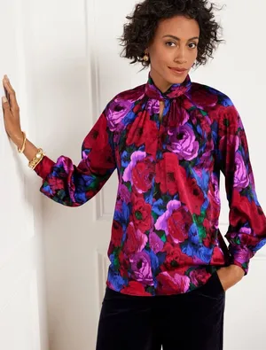Talbots Vibrant Floral Blouse in Red and Purple thumbnail 1