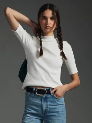 Anthropologie Maeve Mock Neck Top in White thumbnail 2