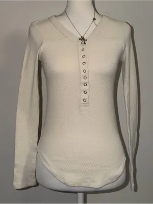2000s vintage style free people cream long sleeve button up top w/ subtle weave thumbnail 2
